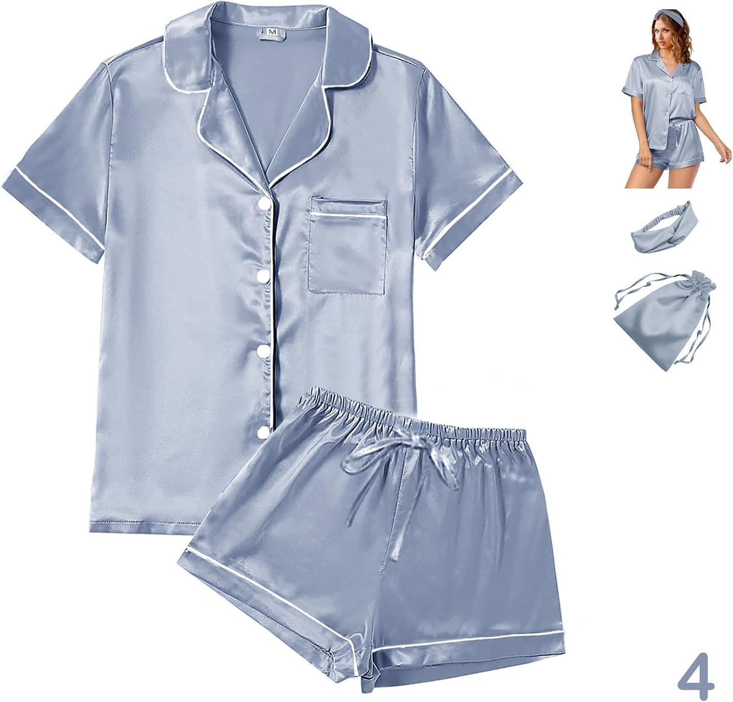 Women’s Satin Pajama Short Set – Soft 4-Piece Sleepwear