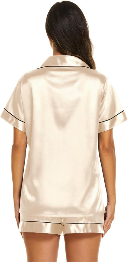 Women’s Satin Pajama Short Set Button-Down Sleepwear