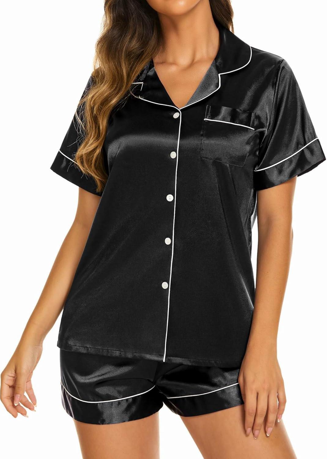 Women’s Satin Pajama Shorts Set Button Down Sleepwear